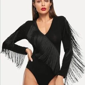 S Fringe Bodysuit Long Sleeve V Neck Party Top Black‎